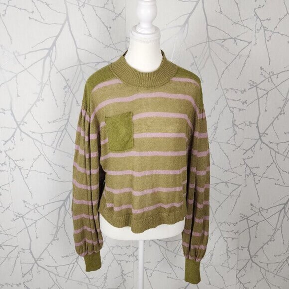 Free People Linen Blend Between The Lines Balloon Sleeve Sweater - Picture 2 of 7